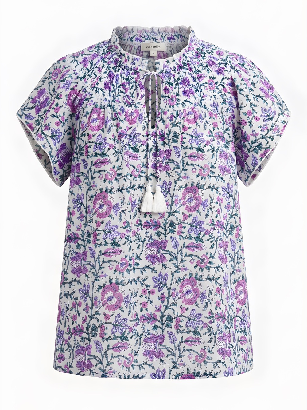Celina Moon- Vine Mixe Purple Floral Peasant Top with Tassel Tie, size M